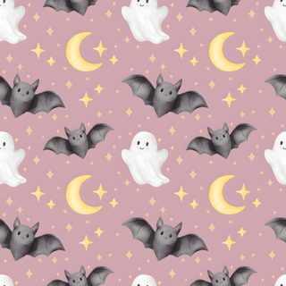 a pattern with bats and stars on a pink background that is very similar to the moon Halloween Pastel Bats On Black-small Bat Pattern, Pink Halloween, Halloween Patterns, Pink Watercolor, silver