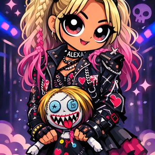 a girl with pink hair holding a doll in her hands and wearing goth clothes, Wwe Halloween Hello Kitty Wwe, Wwe Logos, Wwe Rhea Ripley, Cool Little Drawings, Alexa Bliss, dark slate gray