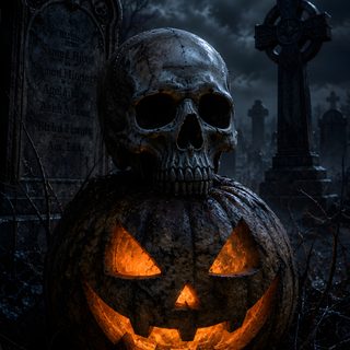 a skull sitting on top of a carved pumpkin in front of a cemetery at night Halloween For Men Halloween Phone, Horror Background, Gothic Background, Spooky Background, Pumpkin, black
