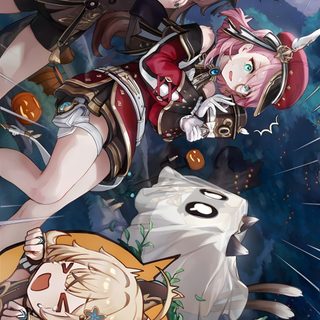 two anime characters standing next to each other in front of a sky full of stars Halloween Genshin Fall Genshin, Zhongli And Hu Tao, Halloween Genshin, dark slate gray