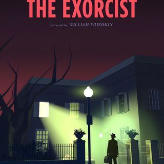 the exorcrist movie poster with a man standing in front of a house Exorcist Halloween Classic Film Art Design, Halloween Decoration Ideas, Horror Movie Night Inspiration, black