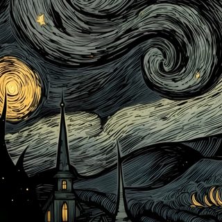 a painting of a ghost in front of a starry night sky with buildings and trees Van Gogh Halloween Cartoon, Dark, Pretty Backgrounds, Arte Van Gogh, Abstract Art, Artistic, dark slate gray