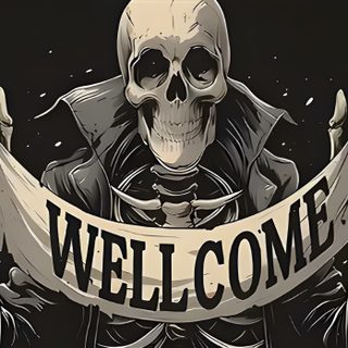a skeleton holding up a welcome banner with the words welcome on it's side Halloween Skeleton Desktop Skeleton Laptop, Skeleton Chopper, Skeleton Desktop, Grim Reaper Banner, black
