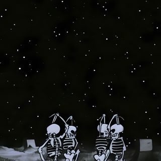 two skeletons are running in the grass at night with stars above them and one skeleton is jumping Aesthetic Edgy Aesthetic Halloween Spooky Phone Backgrounds, Vintage Halloween Art Iphone, Halloween Aesthetic Skeleton, black