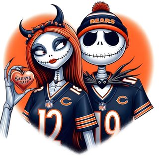 two cartoon characters dressed in football uniforms with horns on their heads, one wearing a chicago bears jersey Chicago Bears Halloween Chicago Bears Themed Illustration, Halloween Sports Fan Art, Sports Fan Art Inspiration, dark salmon