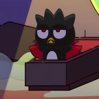 an animated black cat sitting in a box on the floor next to a window with curtains Badtz Maru Halloween Badtz Maru Vampire, Badtz Maru Halloween, Badtz Maru Pc, dark slate blue