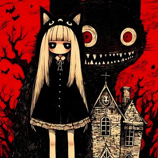 a black cat standing next to a girl in front of a creepy house Halloween Scary Cute Girl Beautiful Monster Art, Cute Scary Art, Cute Horror Art, Cute Creepy, maroon