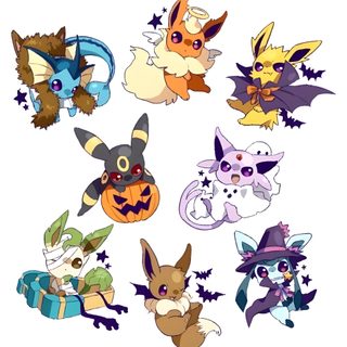 the pokemon characters are all dressed up for halloween Eevee Evolutions Halloween Eevee Pumpkin, Glaceon Halloween, Sylveon Halloween, Halloween Umbreon, white