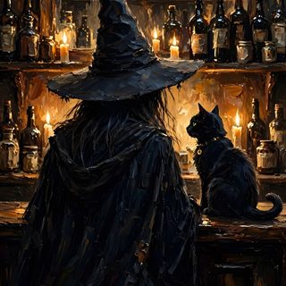 a painting of a witch sitting at a bar with a cat on the counter next to it Halloween Witch Cat black
