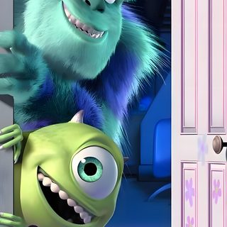an image of monsters coming out of the door with two children looking at them from behind Monsters Inc Halloween Monster Inc, Boo Monsters Inc Aesthetic, Monster Inc Aesthetic, light slate gray