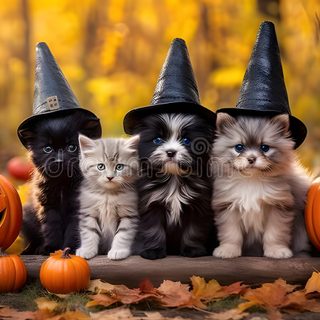 three small kittens are sitting in front of pumpkins and jack - o'- lanterns Cute Dog And Cat Halloween Dog Sitting In Pumpkin, Orange Kittens In Witch Hats, Kitten With Witch Hat And Pumpkin, sienna