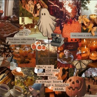 a collage of pictures with pumpkins, candles and other things on it's surface Halloween Collage Laptop Laptop Fall, Halloween Desktop, Desktop Fall, Halloween Cute, Fall Background, sienna