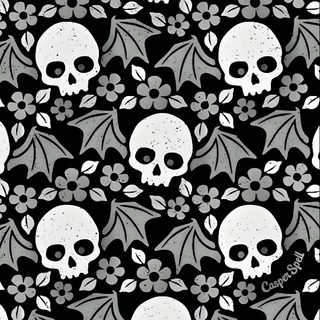 a black and white background with skulls, flowers and bats on it's sides Halloween Skull And Bat Gothic Floral, Black And White Skull Pattern, Gothic Themed Room Decor, dim gray