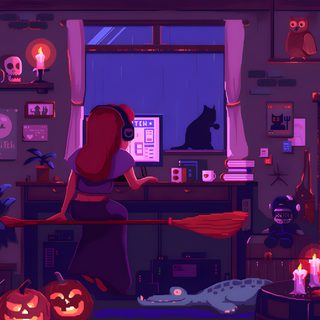 a woman in a room decorated for halloween Halloween Gif Halloween-themed Pixel Art Room, Halloween Laptop Gif, Halloween Live Pc, dark slate gray