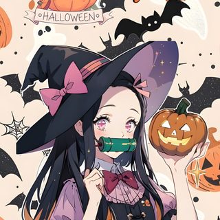 a girl in a witch costume holding a cup and pumpkins with the words happy halloween written on it Nezuko Kamado Halloween Anime Halloween, Anime Character Drawing, Halloween, Pictures To Draw, dark salmon