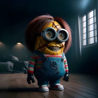 a minion in overalls standing on a wooden floor Minions Halloween Minion Chucky, Chucky Minion, Evil Minion, Minions Horror Movie, Frankenstein Minion, black