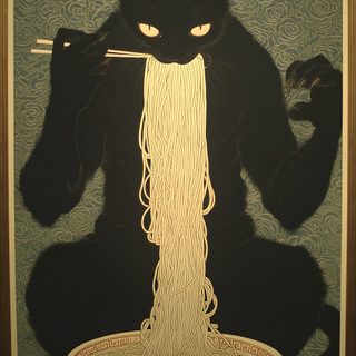 a black cat is eating noodles with chopsticks Japanese Halloween Traditional Japanese Art Aesthetic, Japanese Yokai Art, Black Cat In Japanese, dark olive green