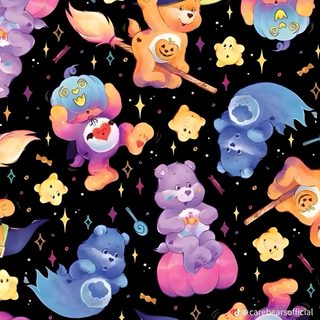 the bears are all wearing hats and holding wands in their hands, with stars around them Aesthetic Halloween Care Bear Care Bear Fall, Carebear Halloween, Care Bear Halloween, dark slate gray