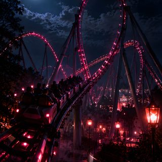 an amusement park at night with the moon in the sky and lights shining down on it Halloween Roller Coaster Night Rides Aesthetic, Scream, Amusement Park, Roller Coaster, Brave, black