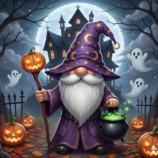 a wizard holding a caulder in front of a full moon with pumpkins Halloween Gnomes dark slate gray