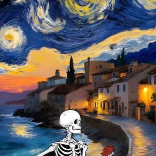 a painting of a skeleton holding a piece of food in front of the ocean and stars Halloween Van Gogh Skeleton dark slate gray