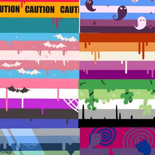 an assortment of halloween themed wallpapers with the words caution caution written on them Halloween Pride Flag Cool Lgbtq Flags, Omni Halloween Flag, Aroace Halloween Flag, rosy brown