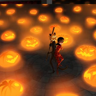 a cartoon cat holding an umbrella in front of pumpkins Miraculous Ladybug Halloween Miraculous Pumpkin Carving, Miraculous Ladybug Pumpkin, Miraculous Ladybug Pumpkin Carving, saddle brown