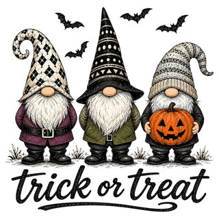 three gnomes with pumpkins and bats on their heads, standing in front of the words trick or treat Halloween Gnomes 4 Halloween Gnomes 4, Gnomes Halloween, Halloween Gnomes, Gnome Halloween, white