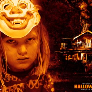a child with a mask on her head and an evil looking face in front of a house Halloween Rob Zombie Trick R Treat 2007 Movie Poster, Tyler Mane Halloween 2007, Halloween 2007 Movie, maroon