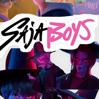 the poster for saja boys is shown in black and white, with pink hair Saja Boys Halloween Demon Hunter, Saja Boys Names, Saja Boys Your Idol, Boy Names, dim gray