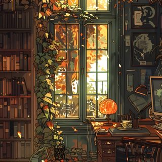 an image of a room with leaves on the floor and bookshelves full of books Halloween Library Cozy Halloween, Autumn Aesthetic Art, Fall Illustration Art, dark olive green