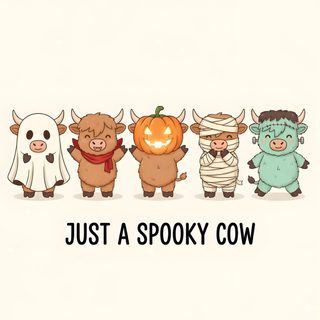 a group of cartoon animals standing next to each other with the words just a spooky cow Cow Halloween Cute Pumpkin Cow Drawing, Cute Fall Cow, Spooky Cow, seashell