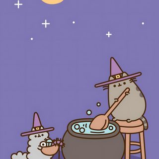 an image of a witch and her cat cooking in the witches caulder at night Aesthetic Halloween Pusheen Pushers Halloween, Witch Pusheen, Fall Pusheen, light slate gray