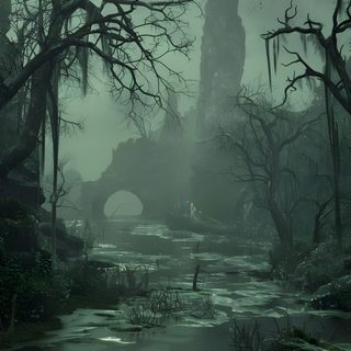 a swampy area with trees, rocks and water Halloween Swamp Dark Fantasy Swamp Ruins, Dark Swamps, Landscape Swamp, Swamp Mtg, dark slate gray