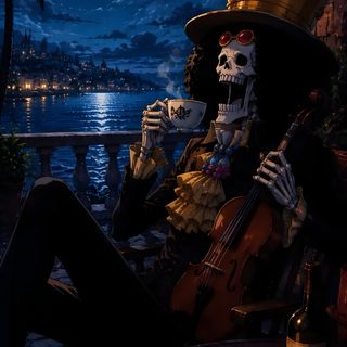 a skeleton sitting in a chair with a violin One Piece Halloween 4k black