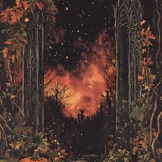 an image of a halloween scene with pumpkins Black And Gold And Orange Halloween Spooky Iphone, Halloween Dark Aesthetic, Vintage Halloween Aesthetic, dark slate gray