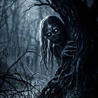 a creepy zombie is hiding behind a tree in the dark woods with his eyes open Horror Background With Scary Monster Halloween Spooky Zombie, Ghost Rider, Graff Art, Evil Demons, black