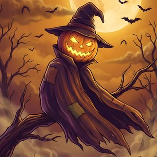 a painting of a scarecrow sitting on a tree branch with pumpkins in the background Halloween Scarecrow saddle brown