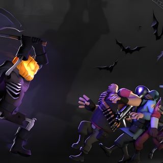 an animated image of people dressed in halloween costumes and holding bats, with bats flying above them Tf2 Halloween Tf2 Scout Bat, Tf2 Halloween, Tf2 Pootis Bird Gif, Tf2 Skeleton, Team Fortress 2 Zombie, black