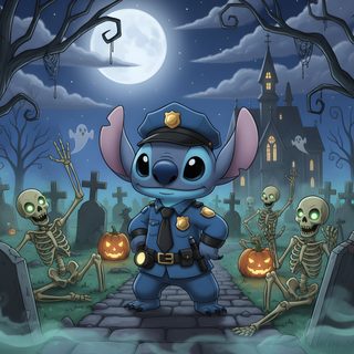 a cartoon character dressed as a police officer in front of halloween graveyard with skeletons and pumpkins Stitch Halloween Desktop Halloween, Stitch Disney, dark slate gray