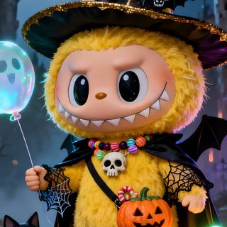 a cartoon character dressed as a bunny holding a balloon with a black cat in front of it Halloween Labubu dark olive green