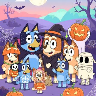 an image of cartoon characters with pumpkins in the background Bluey And Bingo Halloween Fun Art Print, Bluey Halloween, Halloween Cute, Spooky Costumes, dark gray