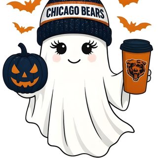 a white ghost holding a cup of coffee and wearing a chicago bears knitted hat Chicago Bears Halloween Yard Art, T Shirts With Sayings, Chicago Bears Pumpkin, Bears Football Drawing, white