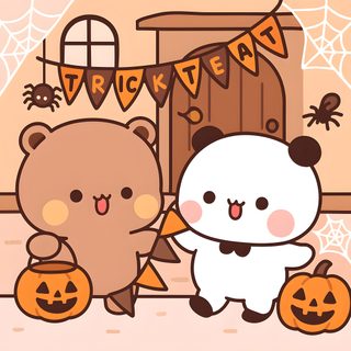 two cartoon bears standing next to each other with pumpkins in front of the door Bubu Dudu Halloween Finally Friday, Birthday Captions Instagram, Birthday Captions, light salmon