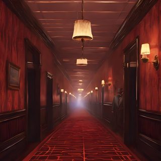 a long hallway with red carpet and two lamps hanging from the ceiling above it is a maze in the floor Halloween Haunted Hotel Haunted Hotel Background, Haunted Hotels, Hotel Core, Eerie Design, maroon