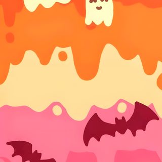 an image of halloween scene with ghost and bats Lgbtq Halloween light coral