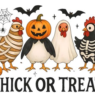 three chickens and two turkeys are standing in front of a sign that says, chicken or treat Halloween Chicken Funny Farm, Chicken Halloween, Etsy Inspiration, Chicken Owner, Chicken Crafts, snow