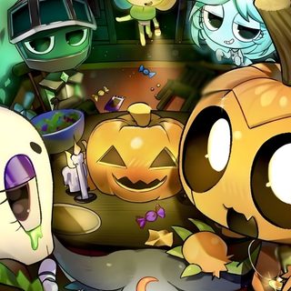 an animated halloween scene with pumpkins, cats and ghost Halloween Dandys World Halloween Toons, Angel Drawing, Dandy Comic, Image Chat, Nyan Cat, dark olive green