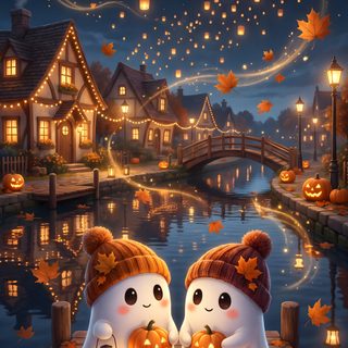 two cute little pumpkins sitting on a dock with lanterns floating in the air above them Halloween Couple Iphone dark slate gray