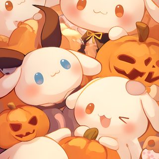 a bunch of stuffed animals that are in the air with some pumpkins on them Halloween Cinnamon Roll Survival Skills Life Hacks, Sanrio, Cute Easy Doodles, Diy Cricut, light pink